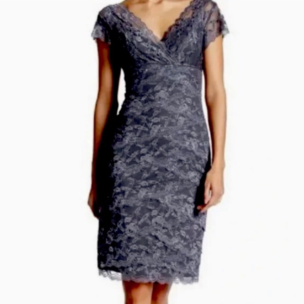 Marina Tiered Lace Sequin Special occasion Gray Dress fitted silhouette